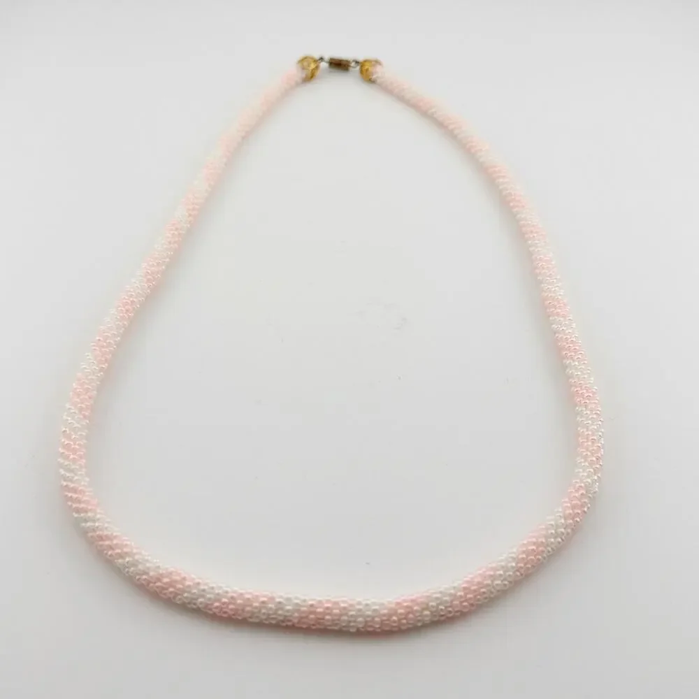 Vintage Pink White‎ Beaded Rope Necklace Gold Tone Filigree Clasp Handmade